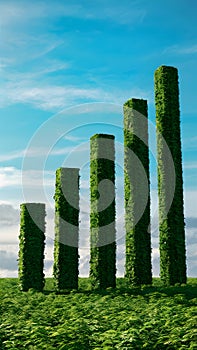 Tranquil green structures in field, under blue sky, symbolizing growth and harmony with nature