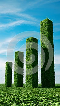 Tranquil green structures in field, under blue sky, symbolizing growth and harmony with nature