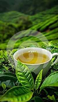 Tranquil green tea cup with lush mountain plantation backdrop and space for text