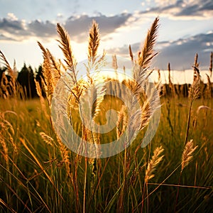 Tranquil Harmony: Warm Sunlight and Blowing Wildgrass Creating a Peaceful Scene