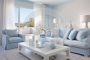 Tranquil Haven. Serene White and Light Blue Furniture for Blissful Interior Design