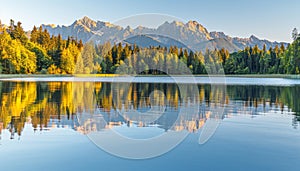 Tranquil high tatra lake autumn sunrise with colorful mountains and pine forest for nature hiking