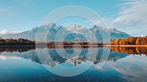 Tranquil high tatra lake autumn sunrise, vibrant mountainside pine forest, serene reflection