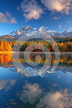 Tranquil high tatra lake in early autumn mountain sunrise and sky reflections in nature scene