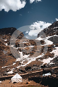 The Tranquil hiking trail near Imlil Valley leads to Toubkal peak in Toubkal National Park, Morocco