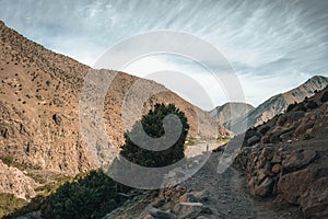 The Tranquil hiking trail near Imlil Valley leads to Toubkal peak in Toubkal National Park, Morocco