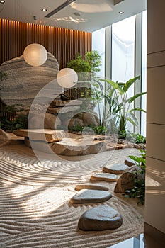 Tranquil interior Zen garden with bonsai tree, smooth stones, sand patterns, and warm lighting, symbolizing peace and