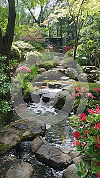 Tranquil Japanese Garden with Flowing Stream and Blooming Flowers