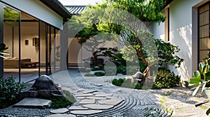 Tranquil Japanese Garden with Modern Architecture. Generative ai