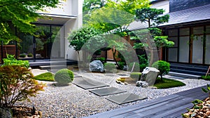 Tranquil Japanese Garden with Modern Architecture. Generative ai