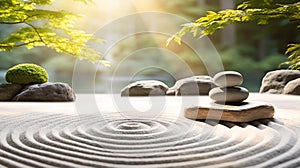 Tranquil japanese garden, serene zen garden with rock and maple tree, mindfulness, balance and harmony concept. generative ai