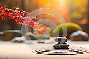 Tranquil japanese garden, serene zen garden with rock and maple tree, mindfulness, balance and harmony concept. generative ai