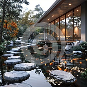 Tranquil Japanese koi pond garden with stepping stones and traditional tea house.3D render.