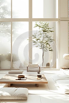 Tranquil Japanese Traditional Living Room With Tatami Floors and Shoji Doors in Morning Light