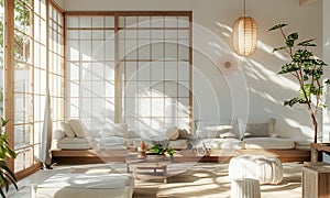 Tranquil Japanese Traditional Living Room With Tatami Floors and Shoji Doors in Morning Light