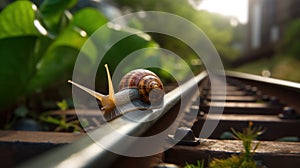 Tranquil Journey: Closeup of a Snail on a Rail