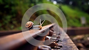 Tranquil Journey: Closeup of a Snail on a Rail