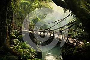 Tranquil Jungle bridge forest. Generate Ai