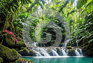 A tranquil jungle oasis with a cascading waterfall, its soothing waters surrounded by the vibrant colors of tropical