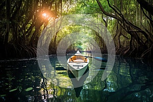 A tranquil kayak journey through mangrove tunnels realistic tropical background