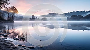 Tranquil lake with mist rising at dawn in scenic view