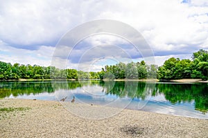 Tranquil lake near Schwetzingen in Baden-Wurttemberg surrounded by lush trees