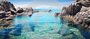 A tranquil lake nestled among ocean rocks under the vast sky