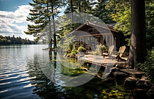 Tranquil lake scene with a cozy wooden cabin and adirondack chairs on a dock surrounded by lush pine trees