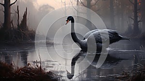 Tranquil lake scene graceful black swan gliding peacefully with ample copy space