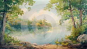 A tranquil lake scene, rendered in vertical pastel watercolors, evoking peace and stillness AI Generate photo