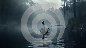 Tranquil lake scenery with a graceful black swan adding to the serene beauty of the landscape
