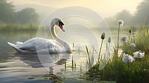 Tranquil lake scenery with a graceful swan peacefully gliding across the serene natural landscape