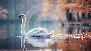 Tranquil lake serenity graceful swan peacefully floating in a serene and peaceful landscape setting