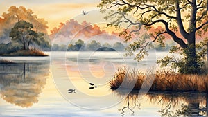 Tranquil Lake at Sunrise with Mist and Birds - Generative AI