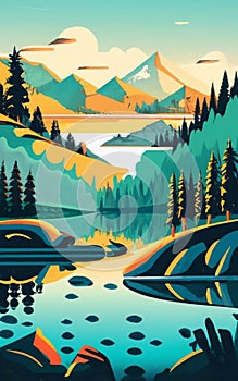 A tranquil lake at sunrise, surrounded by misty mountains. illustration