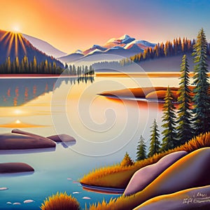 A tranquil lake at sunrise, surrounded by misty mountains. painting