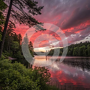Lake in Forest at Sunset