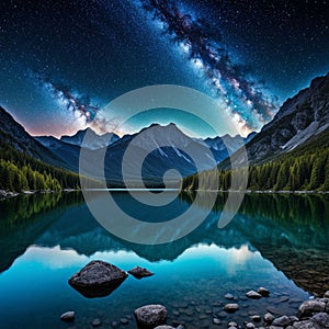 Tranquil lake surrounded by majestic mountains under a captivating night sky filled with stars