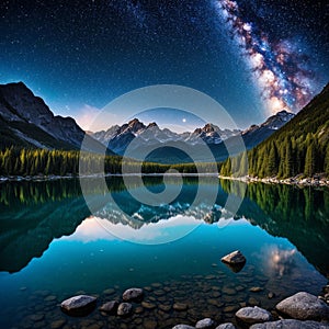 Tranquil lake surrounded by majestic mountains under a captivating night sky filled with stars