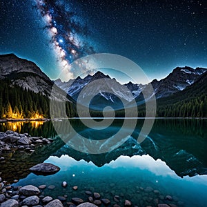 Tranquil lake surrounded by majestic mountains under a captivating night sky filled with stars