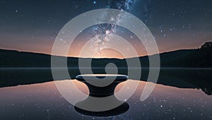 Tranquil Lake Under Starry Night Sky Celestial Reflection on a Round Pedestal.