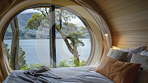 A tranquil lake view from the window of a pod offering the perfect backdrop for a restful slumber. 2d flat cartoon photo