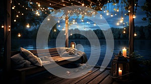 tranquil lakeside at dusk with wooden dock, starry canopy, and full moon reflection