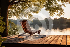 Tranquil lakeside reading on a dock with a book placed on an outdoor chair
