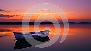 Tranquil Lakeside Scene at Sunset, with a Lone Boat, Reflections on the Water, and Warm Tones of Orange and Purple in the Sky