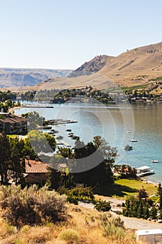 Tranquil Landscape with Clear Sky and Lake Chelan in Washington