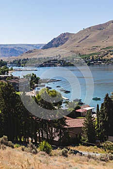 Tranquil Landscape with Clear Sky over Lake Chelan