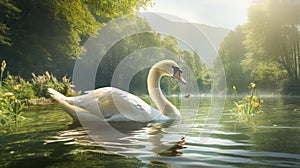 Tranquil landscape graceful swan gliding peacefully on serene lake, embodying serene beauty