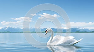 Tranquil landscape with graceful swan peacefully floating on serene and calm lake