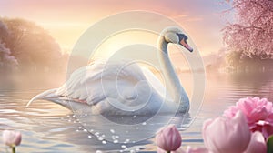 Tranquil landscape graceful swan peacefully gliding on serene lake in a scene of serene beauty